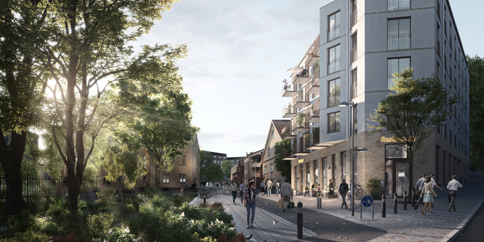 Vy längs med gågata med bostadshus till höger i bild, grönska till vänster i bild, människor i rörelse, stadsmiljö, illustration.