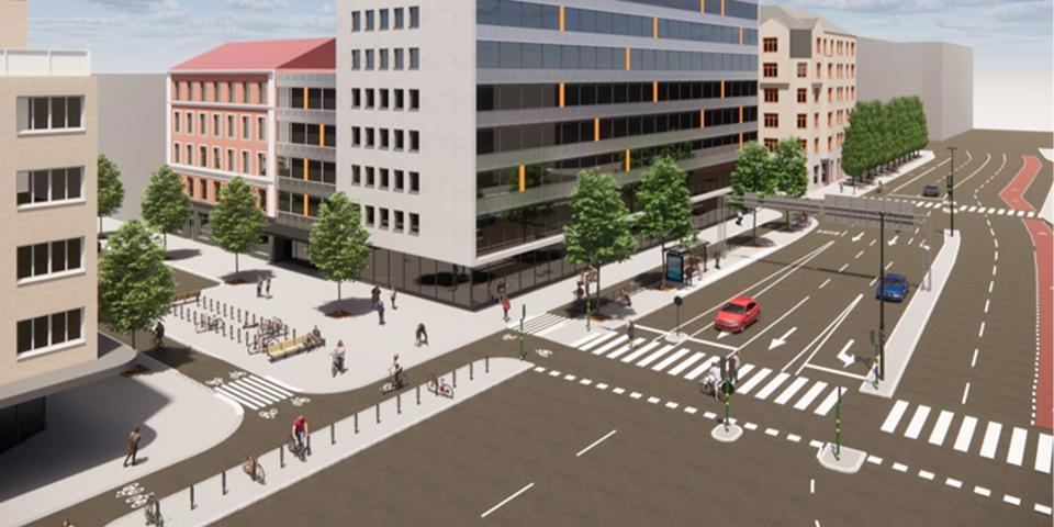 Mellan Hornsgatans förlängning och Långholmsgatan byggs ett torg med en genomgående cykelbana och cykelparkering.