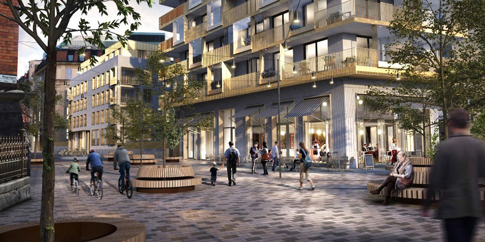 Flerbostadshus vid en gågata med planterade träd, sittplatser och butiker i bottenplan. Människor som cyklar och går. Illustration