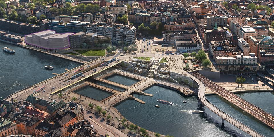 Renderingsbild av nya Slussen, vy från norr. En lila markering visar var Nobel Center ska byggas.