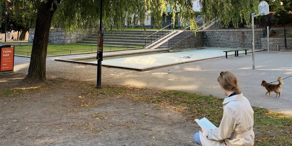 Parkområde med plaskdamm och träd.  En kvinna sitter och läser, foto.
