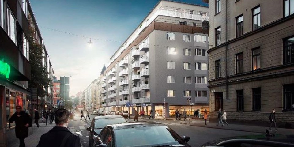 Bilar och människor vid en trafikerad gata. Flera hus varav ett i ljusa färger och med en påbyggnad. Illustration