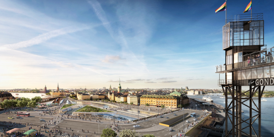 Renderingsbild av nya Slussen. Vy från söder mot norr.