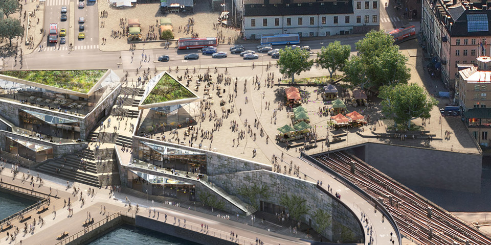 Renderingsbild på nya Södermalmstorg och Mälarterrassen vid Slussen. Vy från söder mot norr.