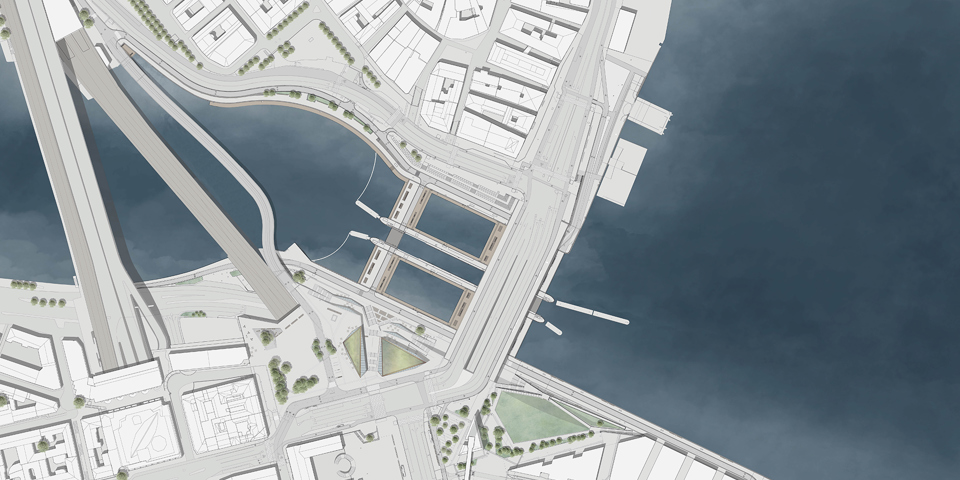 Illustration av nya Slussen, men den nya gång- och cykelbron bredvid tunnelbanebron. Bild: White arkitekter