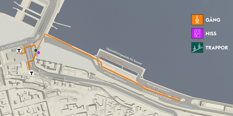 Karta över Slussenområdet och den nya tillfälliga bussterminalen vid Stadsgårdsleden. Orange linje markerar gångsträcka mellan terminal och t-bana.
