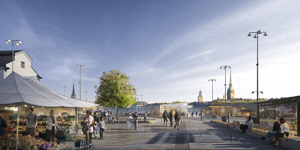Illustration av torget Ryssgården vid Slussen. Till vänster är ett tält med blomförsäljning. På torget rör sig människor. Längre bort står ett stort grönt träd. I bakgrunden syns Gamla stan.