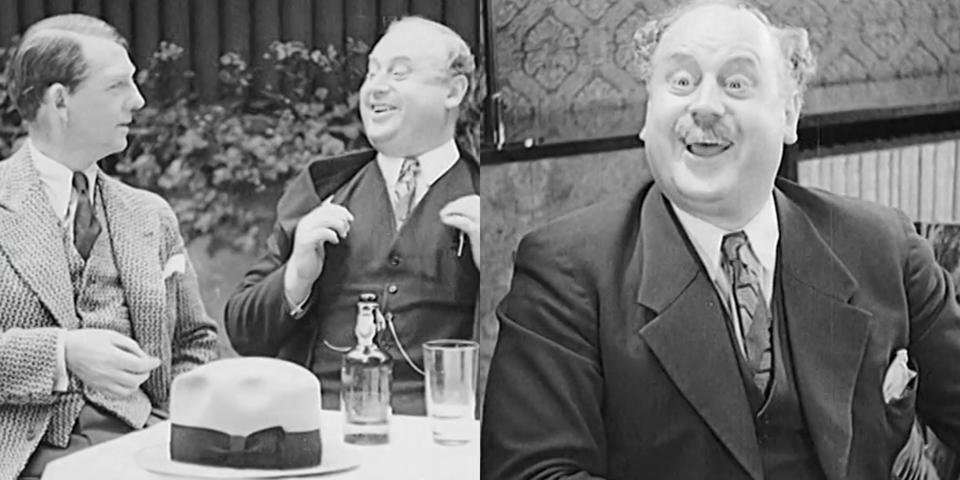 Tvådelad bild. På vänstra bilden sitter två propert kostymklädda män vid ett bord. På den högra bilden sitter en kostymklädd man med mustasch och ser glad ut.