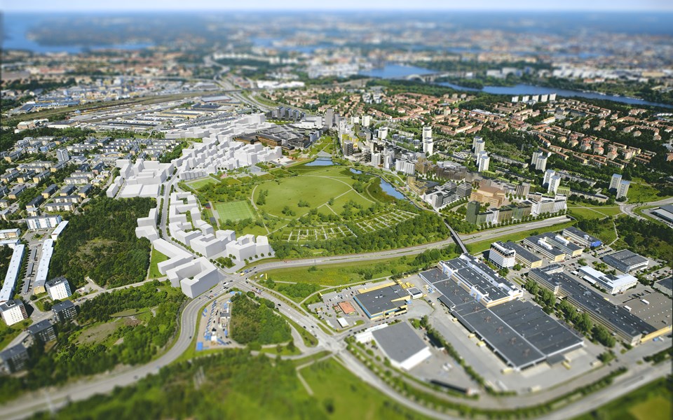 Flygbild över området där de nya byggnaderna är utmarkerade.