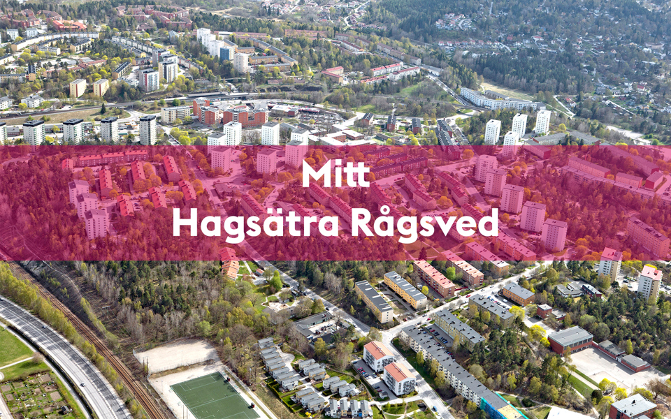 Flygvy över området med en rosa textplatta bakom texten Mitt Hagsätra Rågsved.