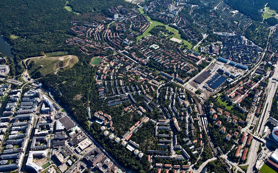 Flygvy över stadsutvecklingsområdet Hammarby-Björkhagen, foto.