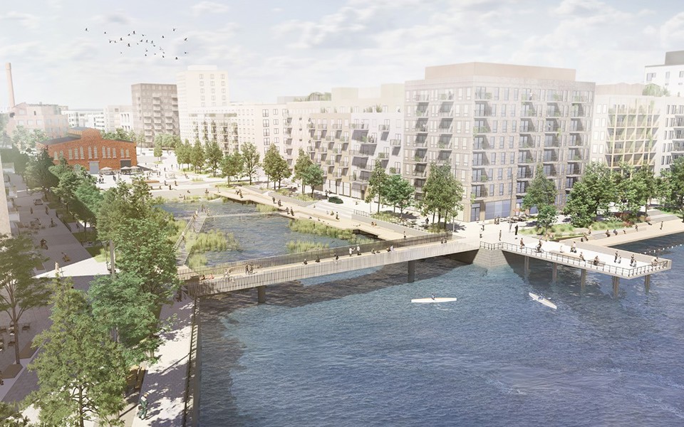 Visualisering. Flerbostadshus som ligger intill vatten. 