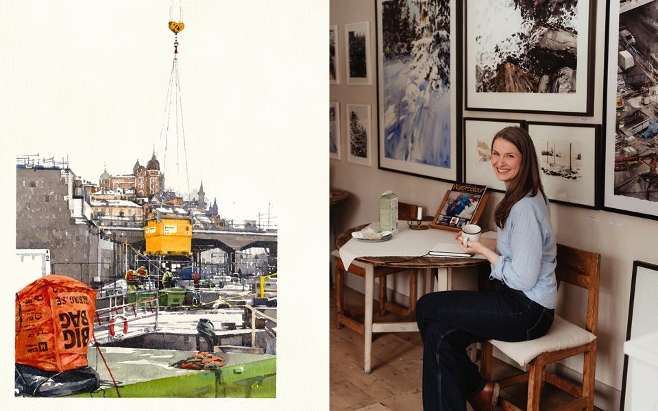 Akvarellbild av Slussen till vänster. Till höger en kvinna med brunt hår som håller i en kopp. 