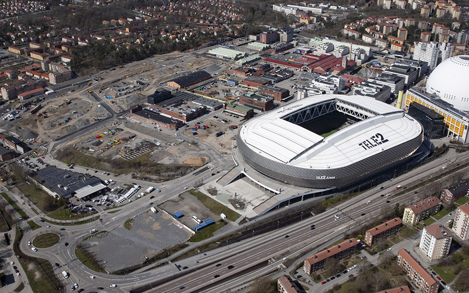 Flygbild över Globenområdet taget våren 2024.