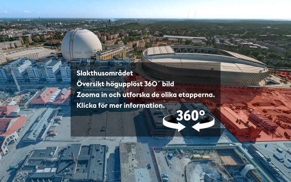 Flygvy över Slakthusområdet med de fem etapperna markerade