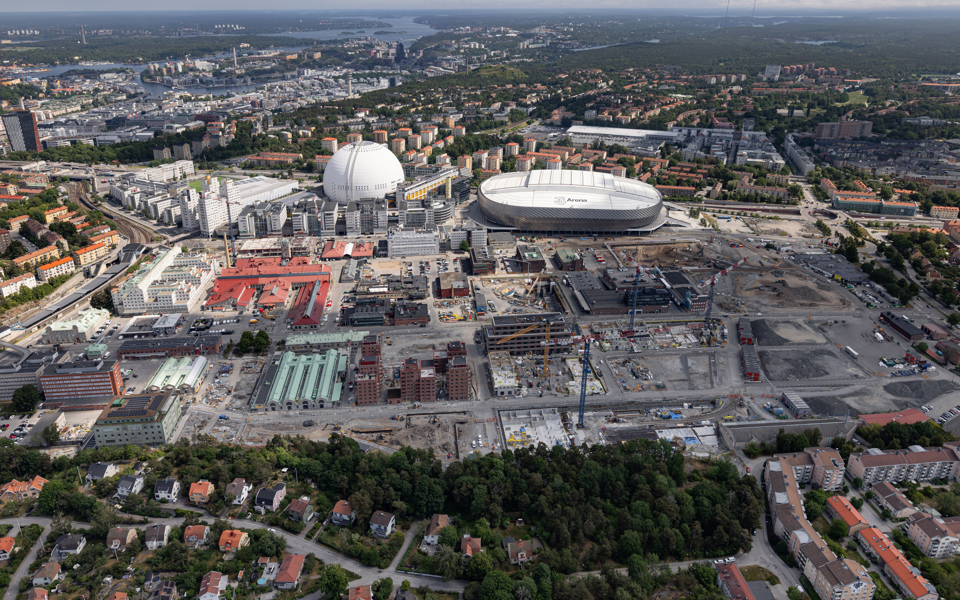 Flygbild över Slakthusområdet i Stockholm, juni 2026