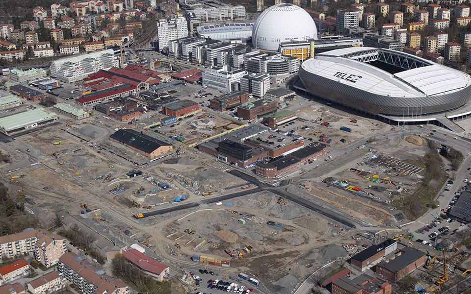 Flygbild tagen våren 2024 över Slakthusområdet.
