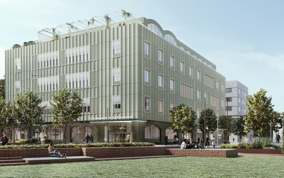 Visionsbild på den nya kommunala gymnasieskolan som är den första nya byggnaden, utöver en ny elnästation, som byggs i första etappen. I förgrunden syns parken Fållan som ska stå klar 2026. Illustration: Cedervall arkitekter