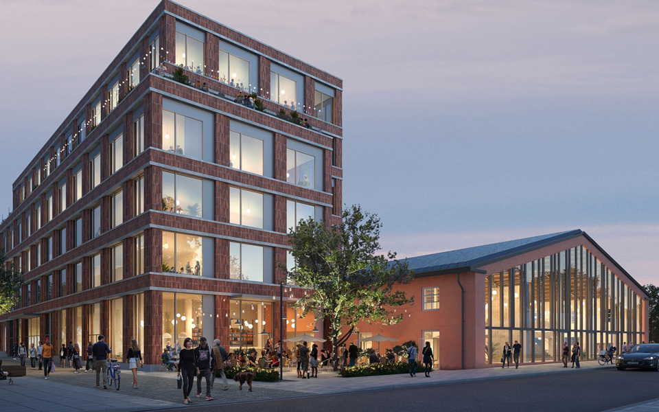 Visionsbild på nya och gamla magasinet som byggs samman genom två våningsplan. Visionsbild: TMRW AIX Arkitekter