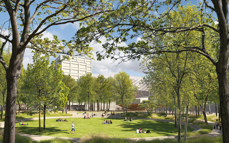 Visionsbild över Centrala parken i Slakthusområdet med stor rund gräsmatta och sittgradänger och trädplanteringar runt om. Illustration: Nyréns arkitekter