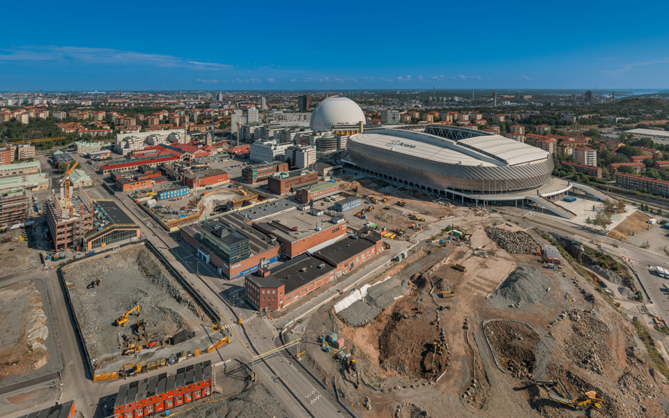 Flygbild över Slakthusområdet norrut, juni 2025.
