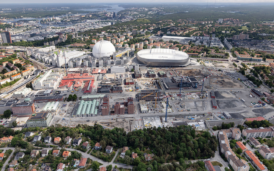 Flygvy över Slakthusområdet med omgivning, juni 2026