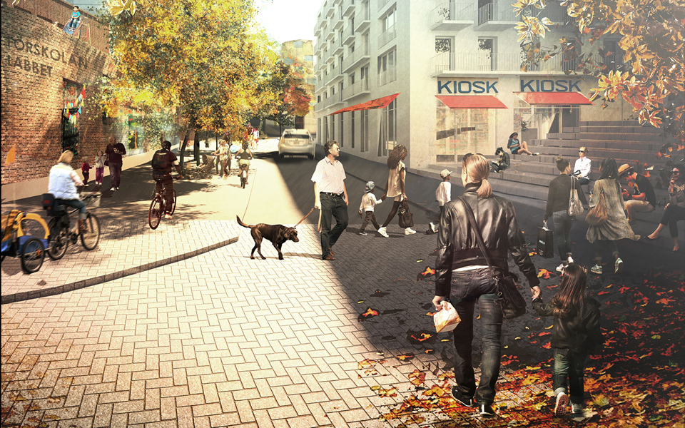 En tegelbyggnad med skyltning som säger Förskolan Labbet. Mittemot ett vitt hus med Kioskskyltar och markiser. Träd och gata med gatusten emellan. Människor som rör sig på gatan, illustration.