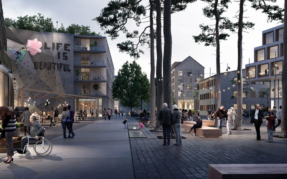 Gågata med människor i rörelse. Längs med gågatan finns det flera träd och hus i varierande form med verksamheter på bottenplan, illustration.