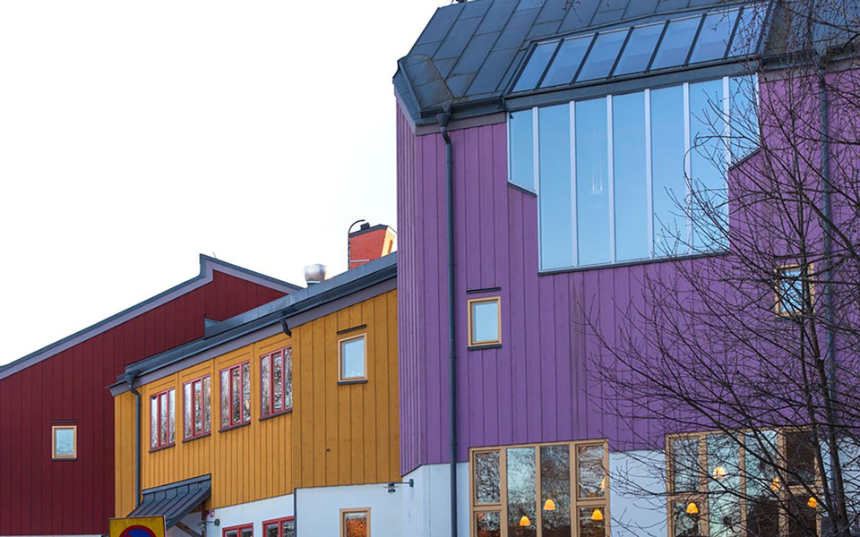 Grönt hus, rött hus, gult hus och lila hus. Foto.