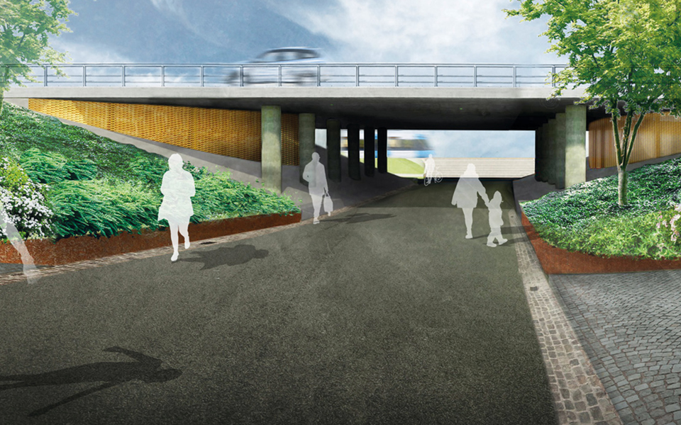Gångtunnel, människor i rörelse, illustration.