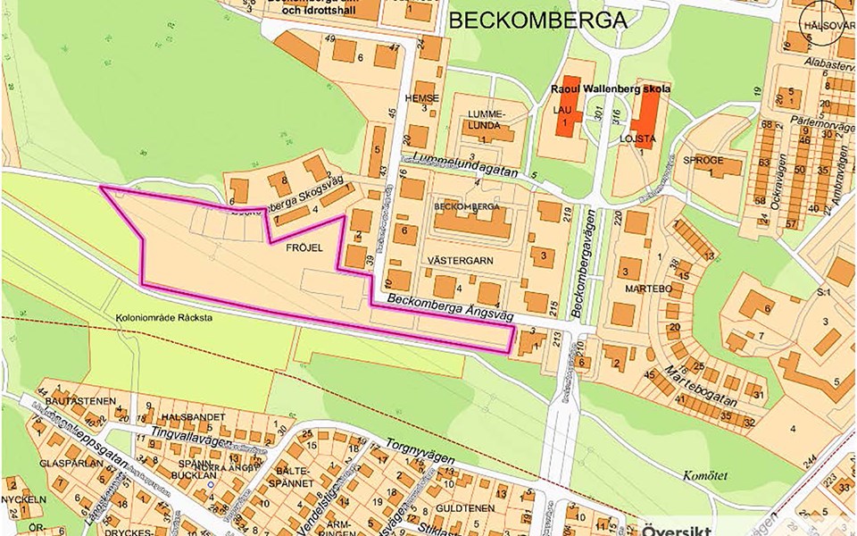 Karta som visar Beckomberga och planområdets läge och preliminära avgränsning.
