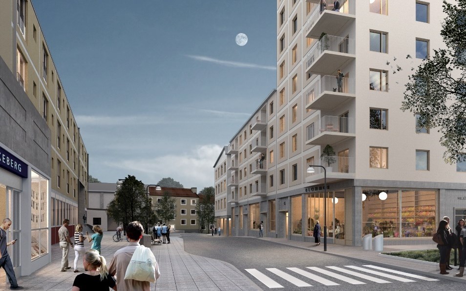 Vy över höga bostadshus och gata med människor  intill Blackebergs torg och tunnelbana. Illustration