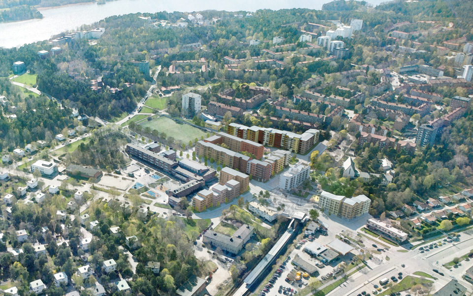 Vy uppifrån, som ett flygfoto. Flera bostadsområden, grönområde kring bostäderna, vägar och vatten i anslutning,, illustration.