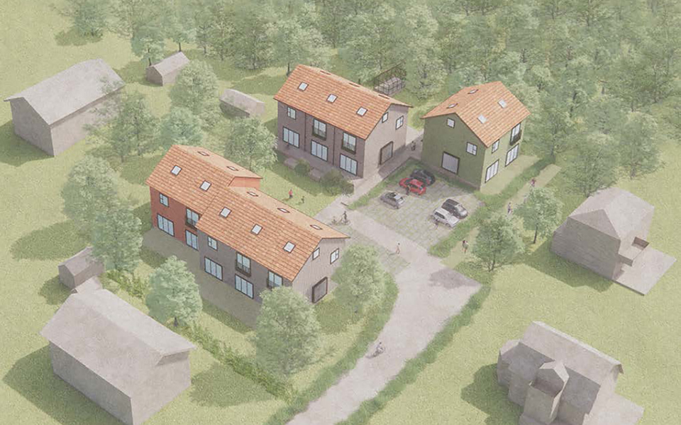 Flygvy över två radhus och parhus som ligger intill varandra. Träd, grönska och andra byggnader runt husen. Illustration