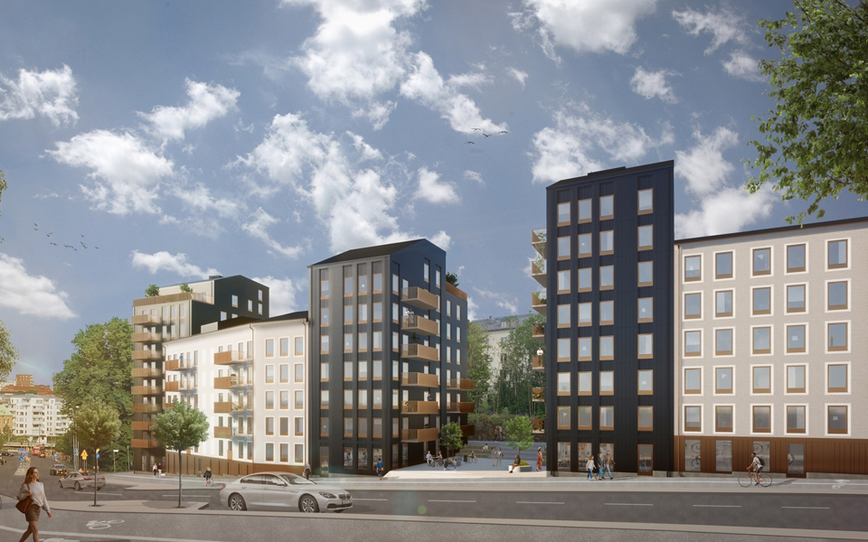 Hus sett från Bällstavägen. Flera hus i rad med 5-10 våningar. Illustration