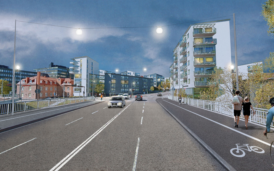 Cyklister som cyklar på cykelbanor utmed väg över en bro. Människor som promenerar, illustration.
