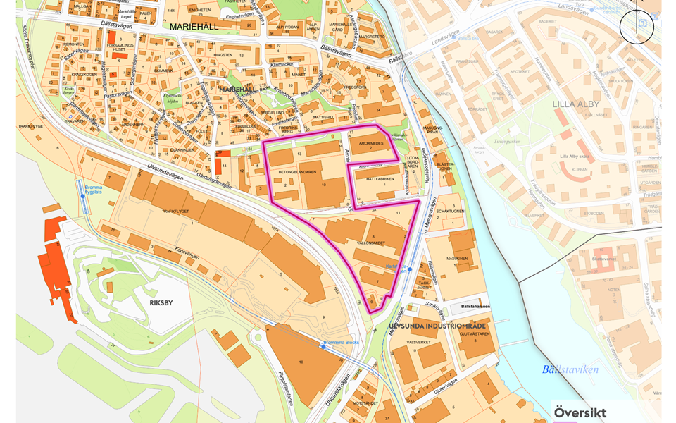 Kartbild över Riksby, Mariehäll och Ulvsunda industriområde. Planområde utmarkerat med lila linje på kartan.