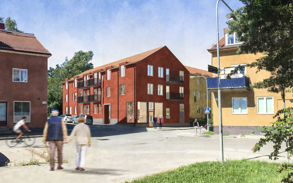 Rödbrunt flerbostadshus mellan andra färgglada hus vid korsning. I förgrunden promenerande par, illustration. 