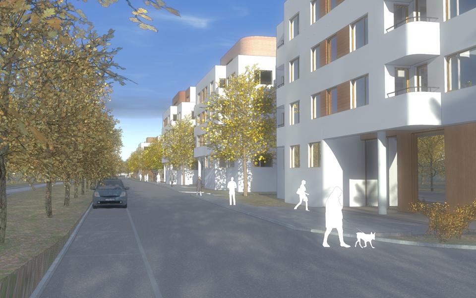 Lägenhetshus med balkonger, bilväg och grönområdens med massa träd. Visionsbild.