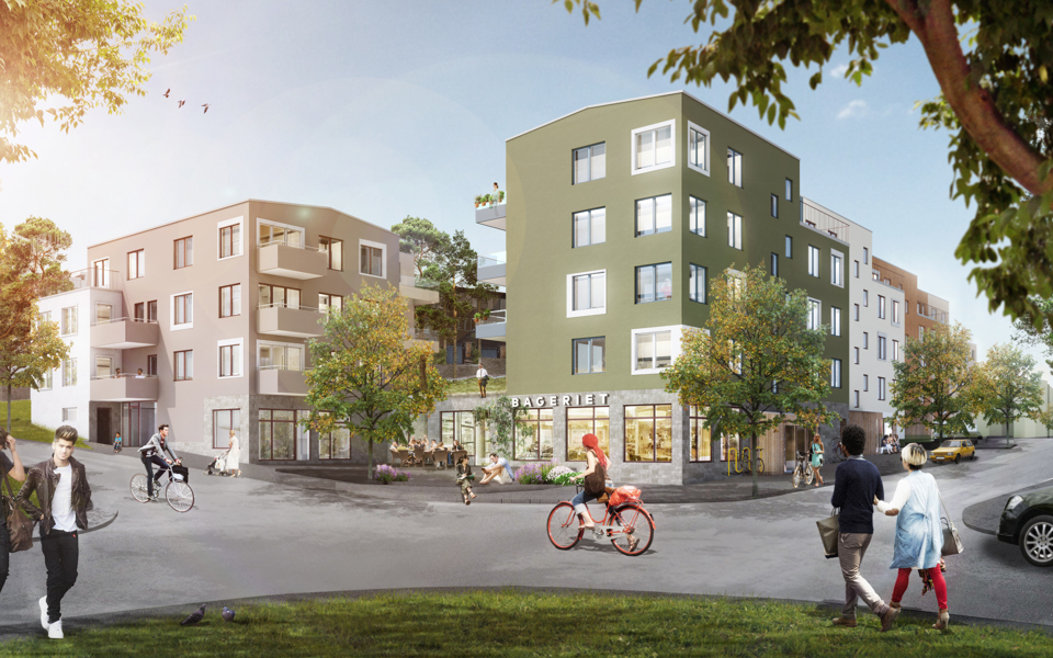 Kvarter med flera bostadshus, människor i rörelse, illustration.