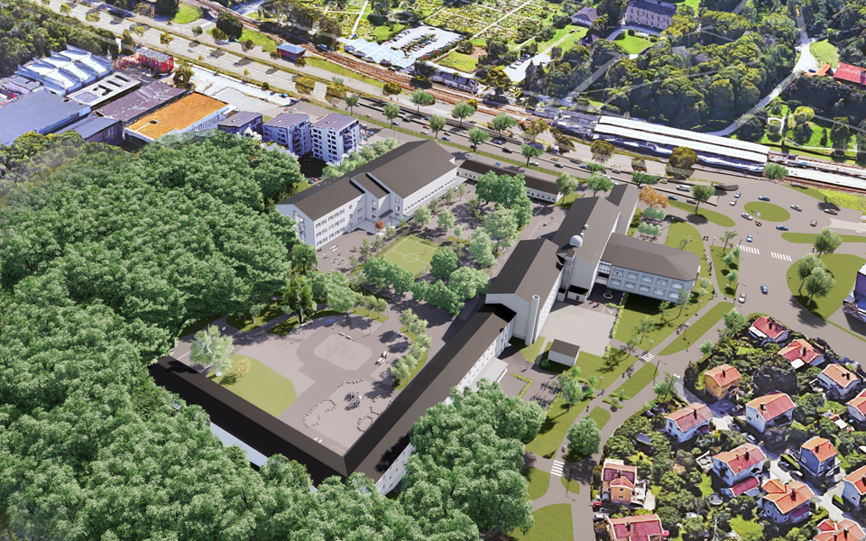 Flygvy sett från nordväst med befintliga skolbyggnader och föreslagen utbyggnad i relation till omgivningen.