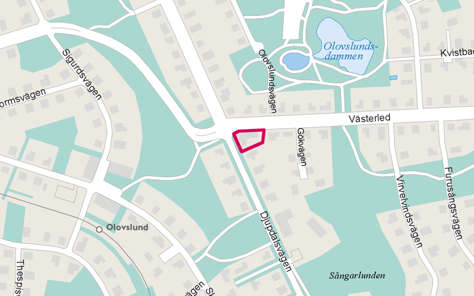 Kartbild över Olovslund. Rödmärkt område mitt i bild.