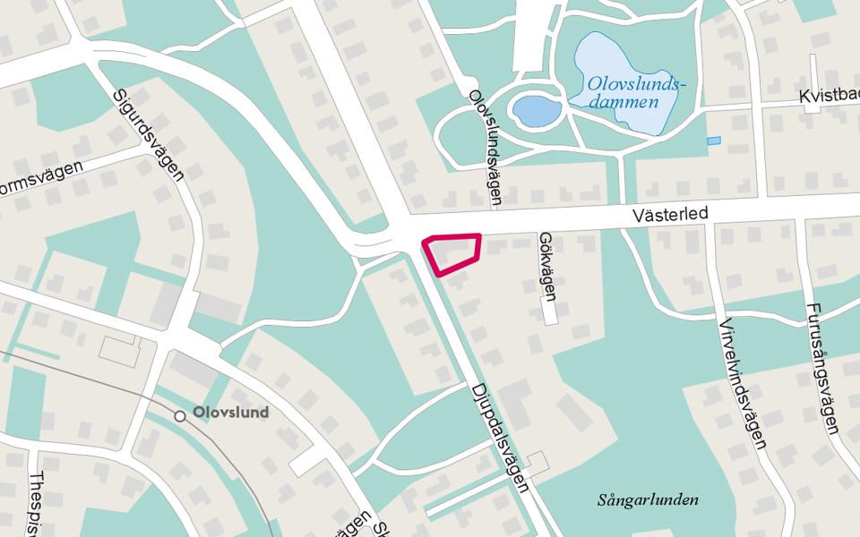 Kartbild över Olovslund. Rödmärkt område mitt i bild.