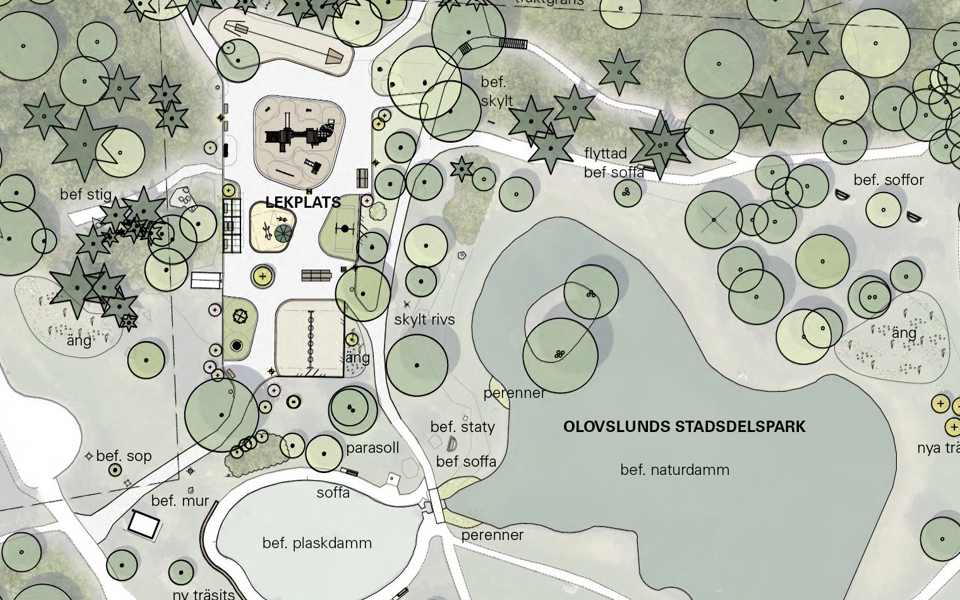 Illustration i gröna toner visar Olovslundsparken, lekplats, plaskdamm, träd och vägar.