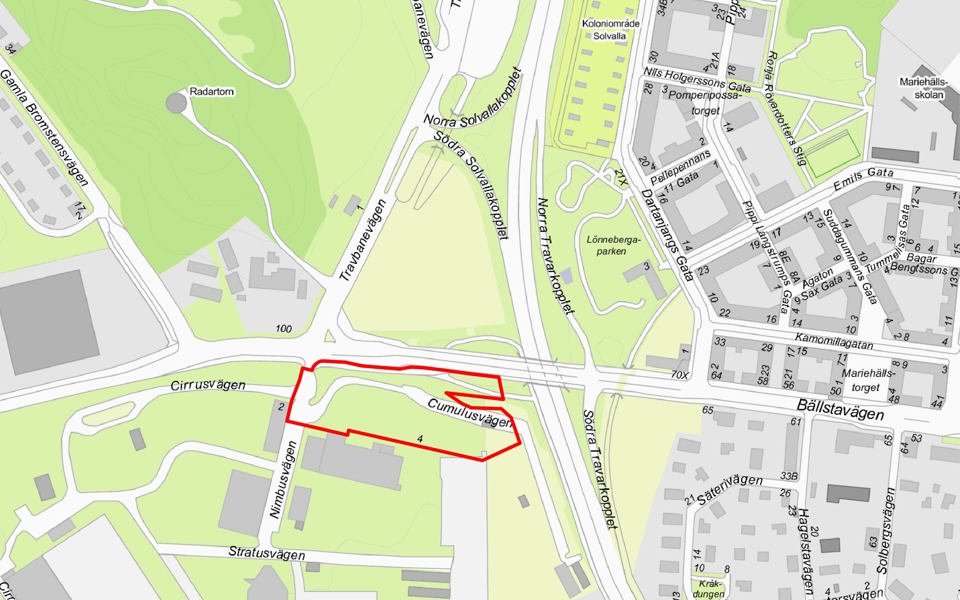 Karta över området med planområdet markerat med rött.