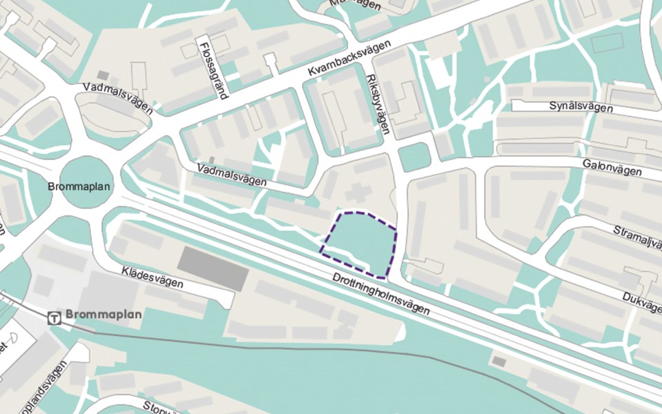 Kartbild där planområdet är markerat, alldeles invid Drottningholmsvägen, väster om brommaplan.