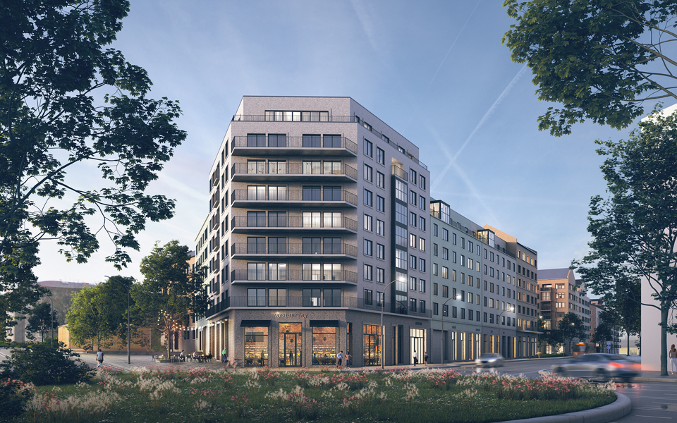 Gaveln på ett flerbostadshus, vid Bolidenplan. Träd och planteringar vid en cirkulationsplats. I byggnadens bottenvåning syns café och butikslokaler. Människor och trafik. Illustration. 