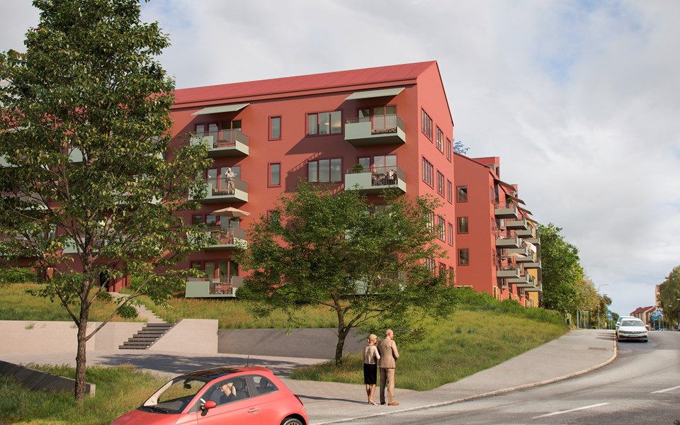 Illustration av röda flerbostadshus med balkonger.