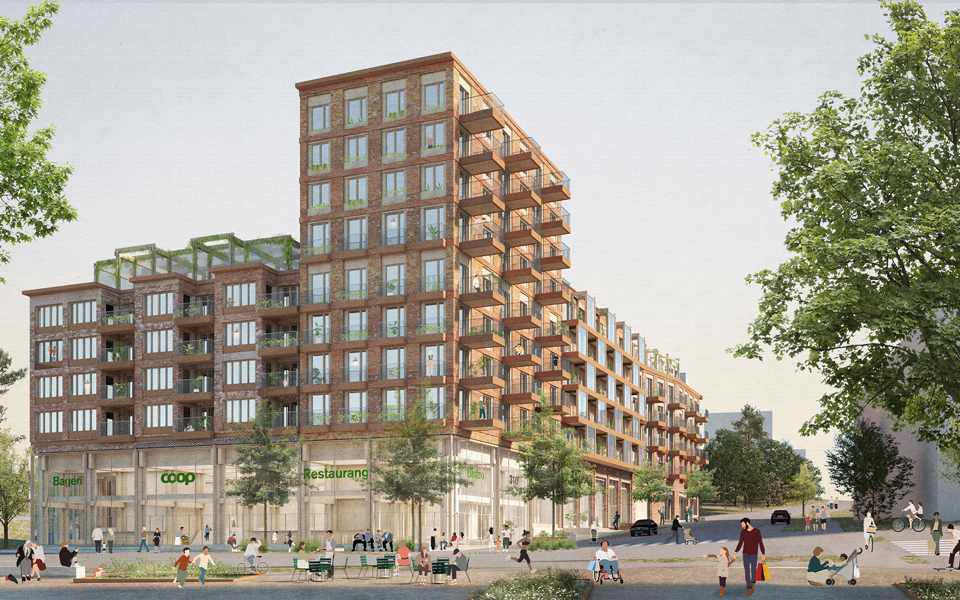 Lägenhetshus med balkonger. Matbutik på markplan i samma hus. Människor i rörelse. Illustration.