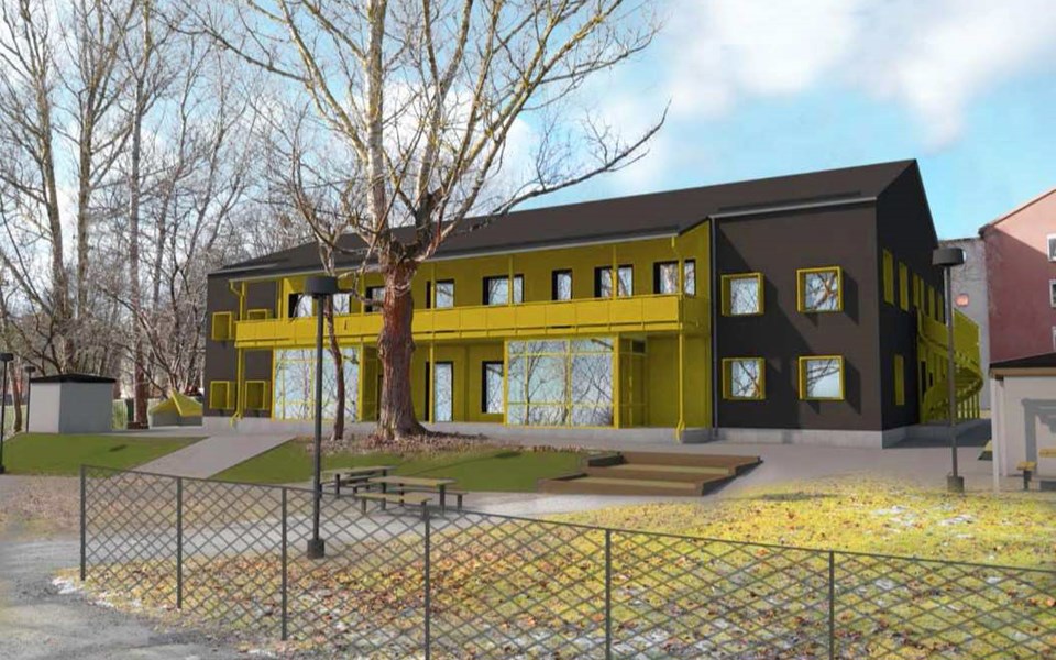 Byggnad med två våningar, gård med träd, bänkar, staket, illustration.